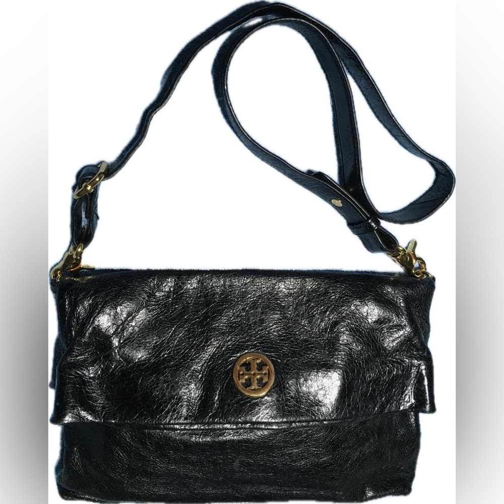Tory Burch Shiny Dena Black Crossbody Shoulder Handbag Gold Logo